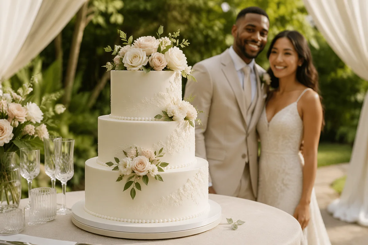 Elegant Three-Tier Wedding Cake in Garden