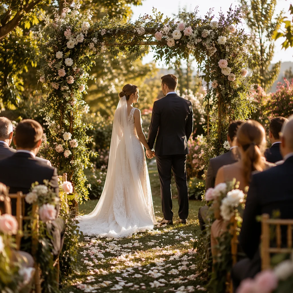 Outdoor Garden Wedding Ceremony at Golden Hour