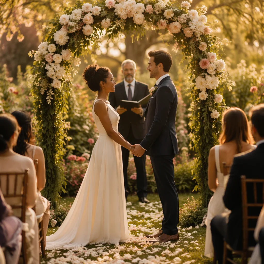 Outdoor Garden Wedding Ceremony at Golden Hour