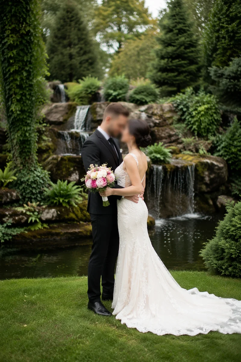 Romantic Garden Wedding Couple by Waterfall