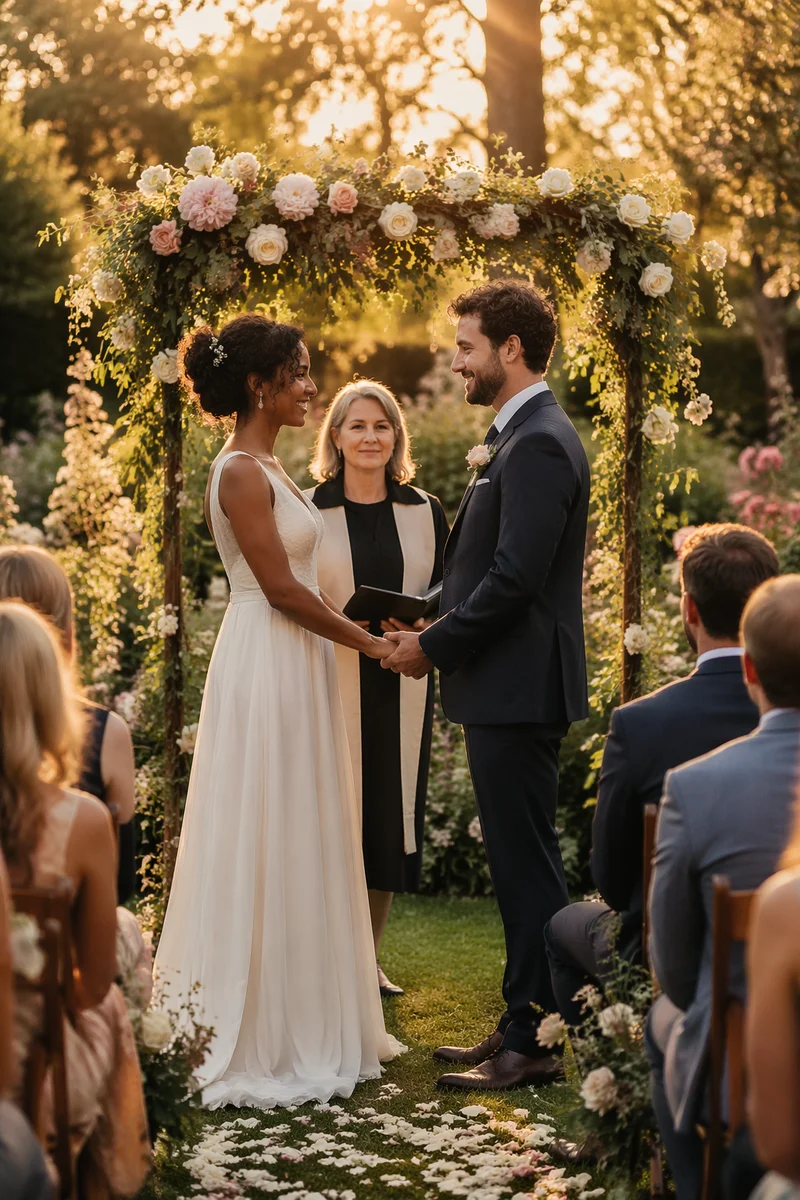 Outdoor Garden Wedding Ceremony at Golden Hour