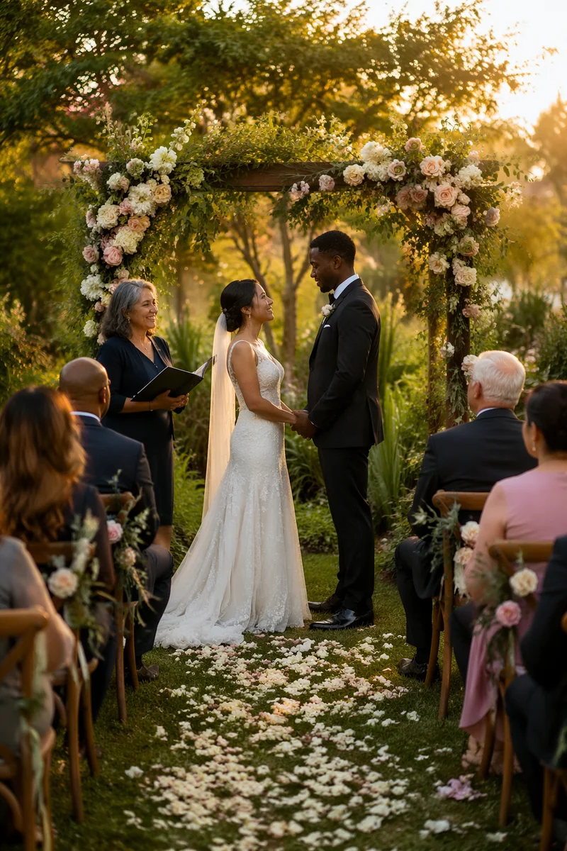 Outdoor Garden Wedding Ceremony at Golden Hour