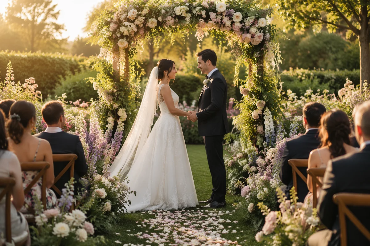 Outdoor Garden Wedding Ceremony at Golden Hour