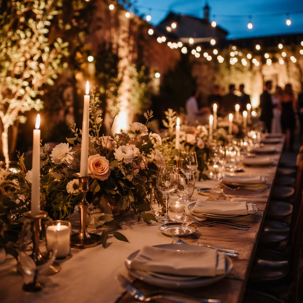 Romantic Wedding Reception Table at Blue Hour