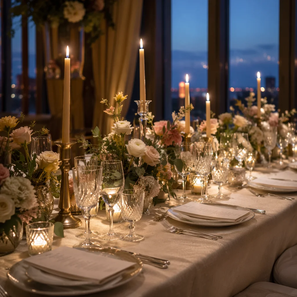 Elegant Wedding Reception Table with Candlelight