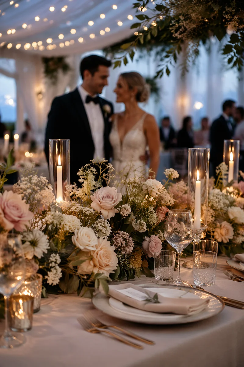Elegant Wedding Reception Table with Candlelight