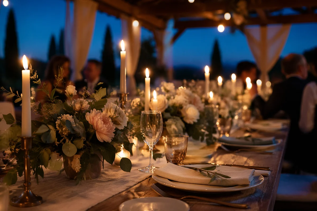 Romantic Wedding Reception Table at Blue Hour