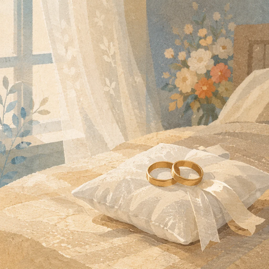 Wedding Rings on Satin Pillow Close-Up