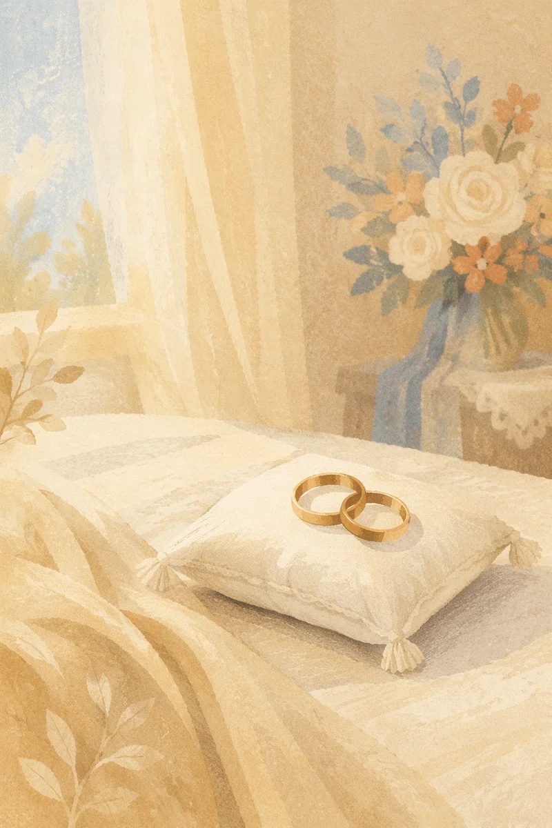 Wedding Rings on Satin Pillow Close-Up