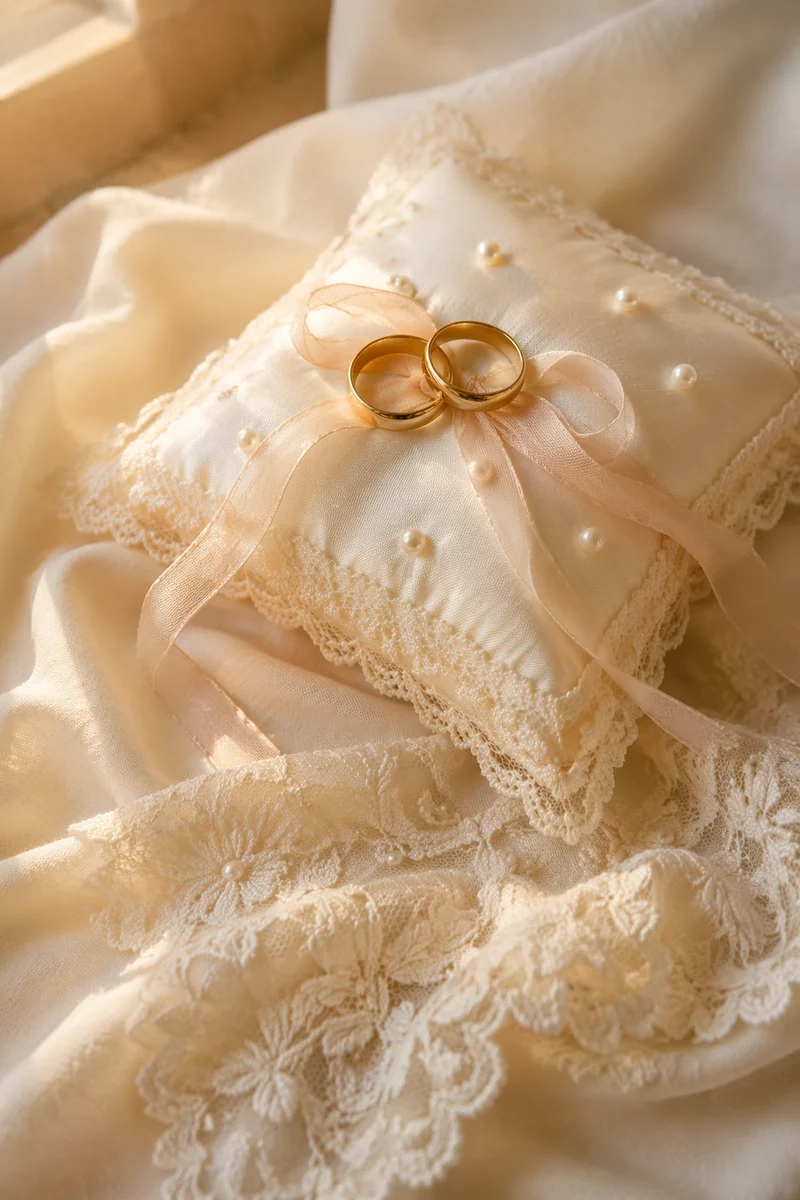 Gold Wedding Rings on Ivory Pillow