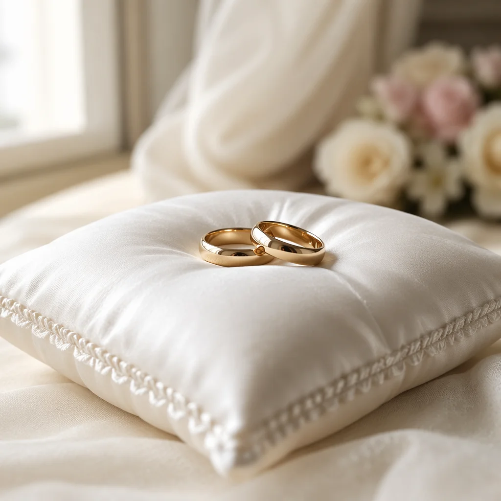 Gold Wedding Rings on White Satin Pillow