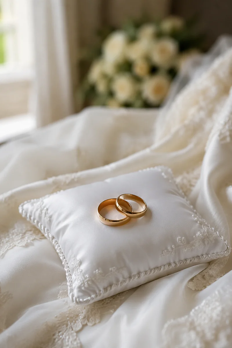 Gold Wedding Rings on Satin Pillow