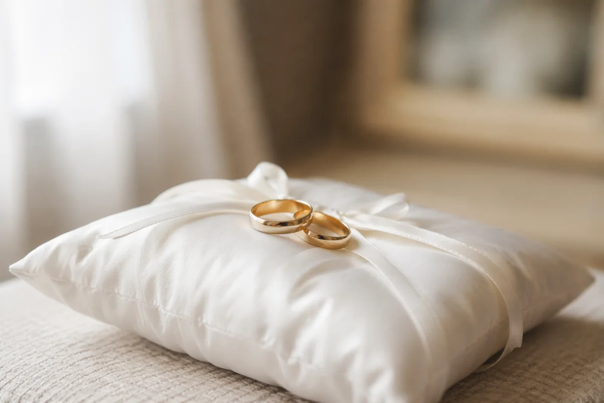 Elegant Wedding Rings on Satin Pillow