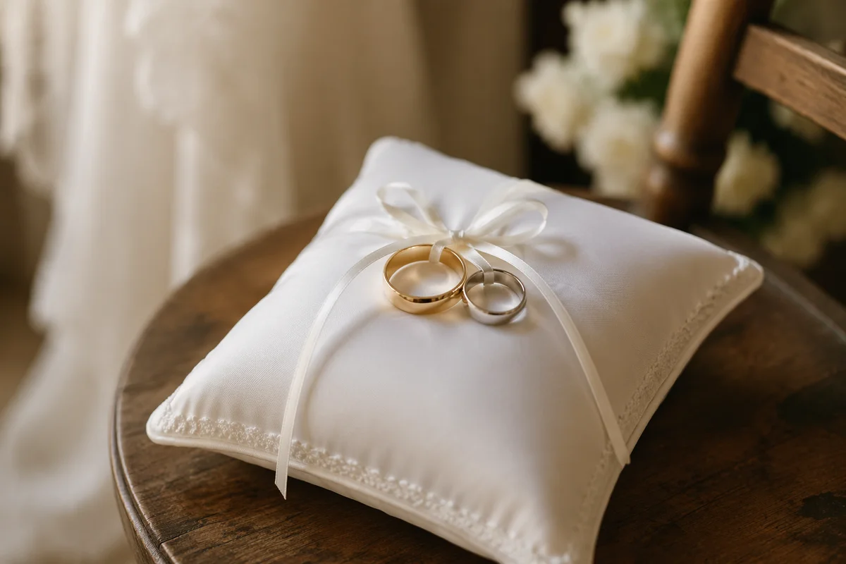Wedding Rings on White Satin Pillow