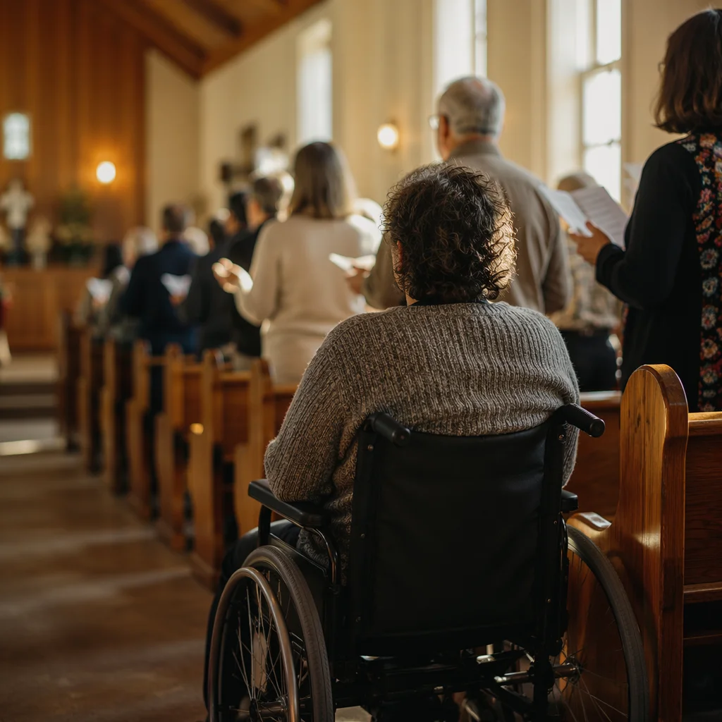 Wheelchair User in Sunlit Chapel Service
