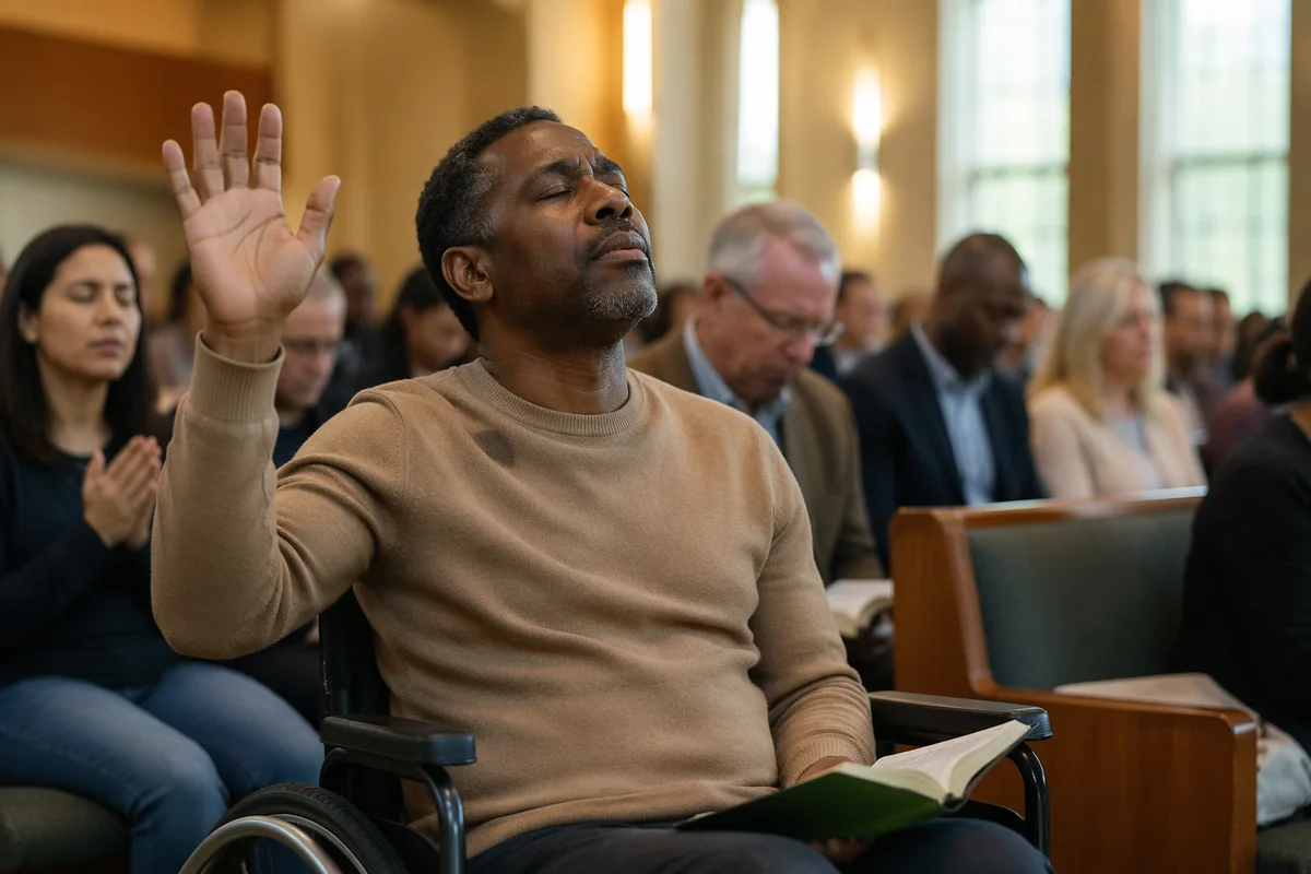 Man in Wheelchair During Church Service