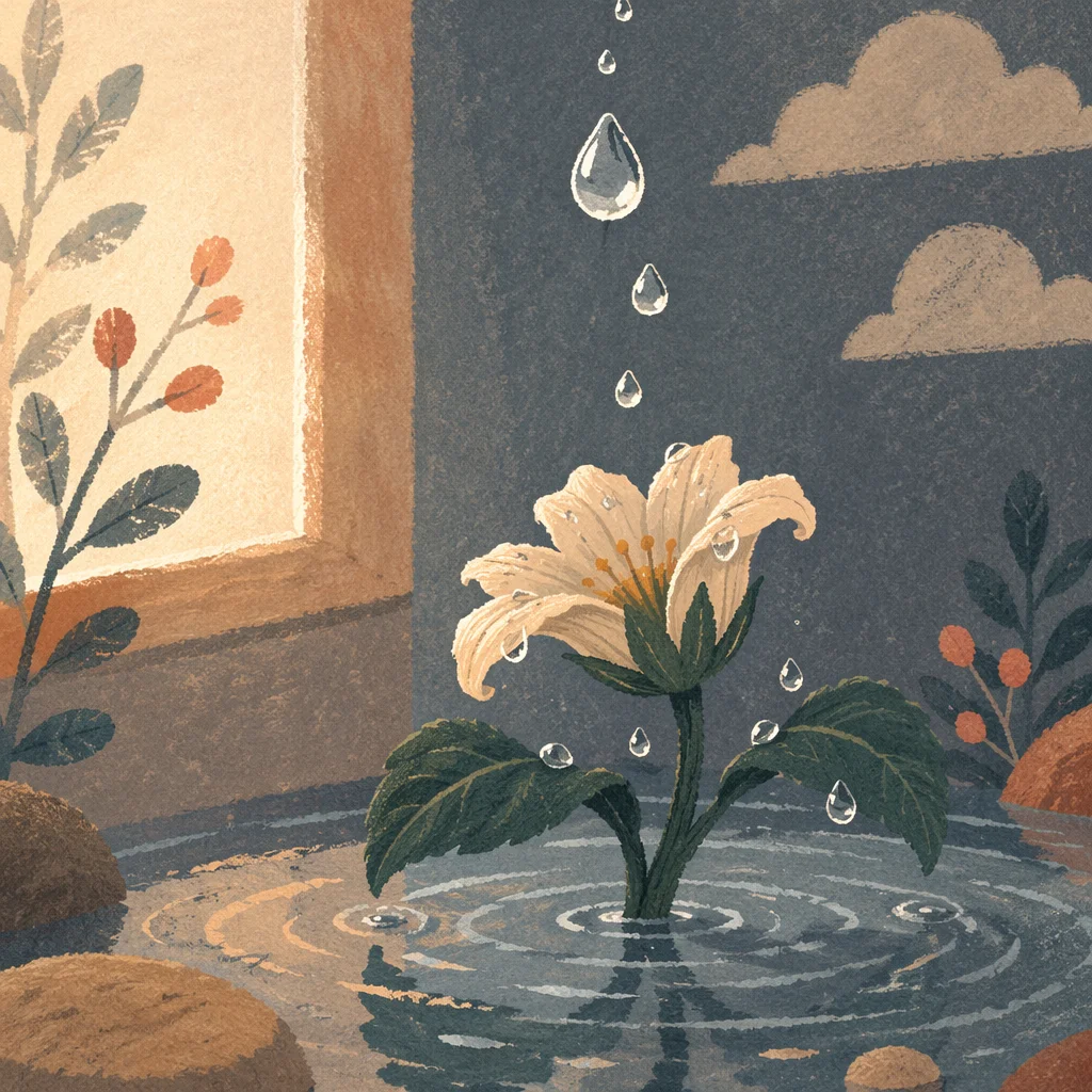 Wilted Flower Revived by Gentle Water Drops