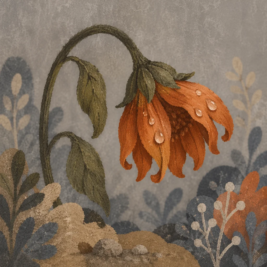 Wilted Orange Flower Renewed by Morning Dew