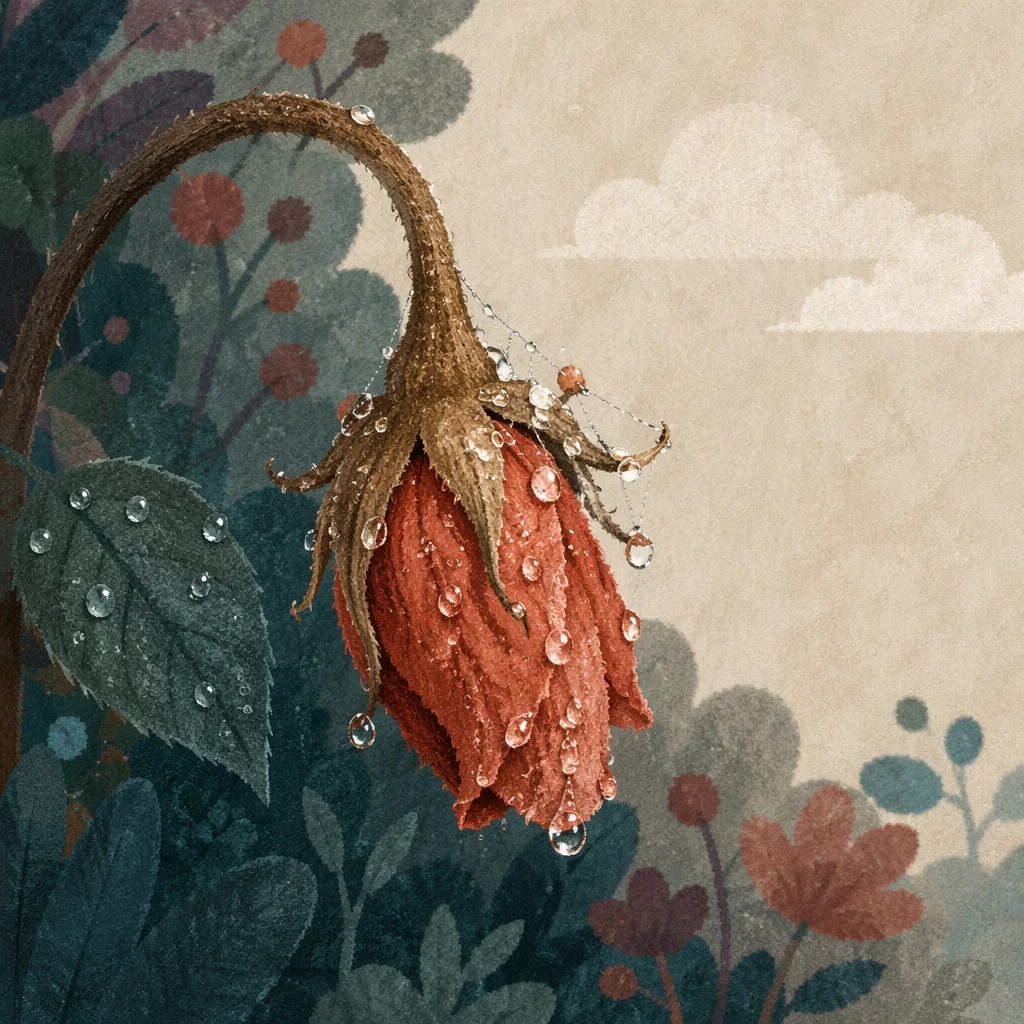 Wilted Red Flower Reviving After Rain