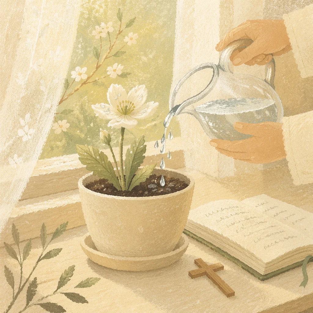 Wilted White Flower Revived by Morning Water