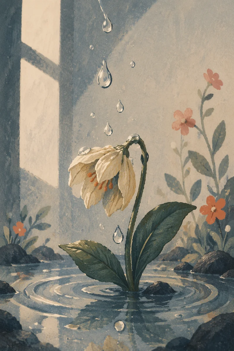Wilted Flower Revived by Gentle Water Drops