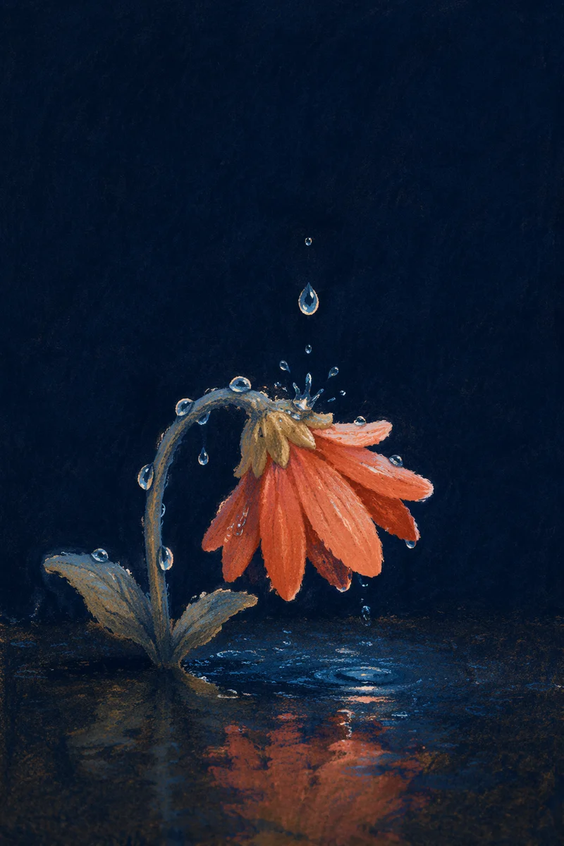 Wilted Flower Revived by Water Droplets