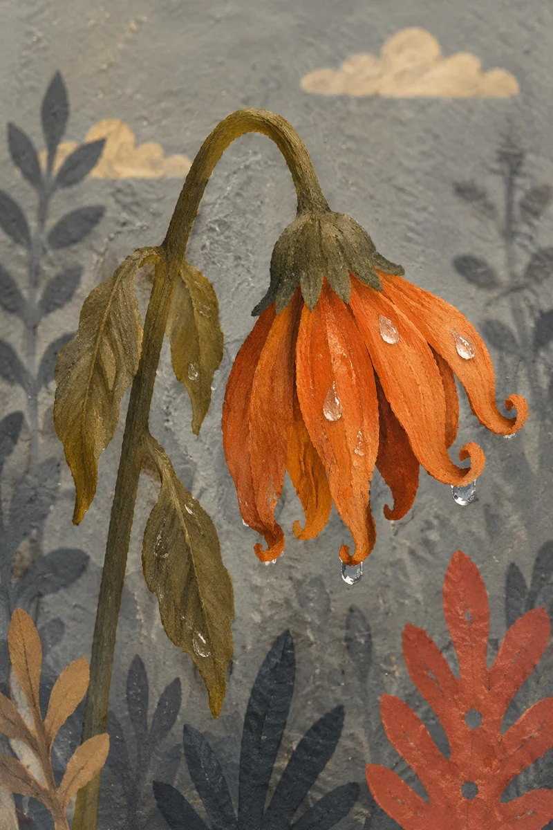 Wilted Orange Flower Revived by Dew