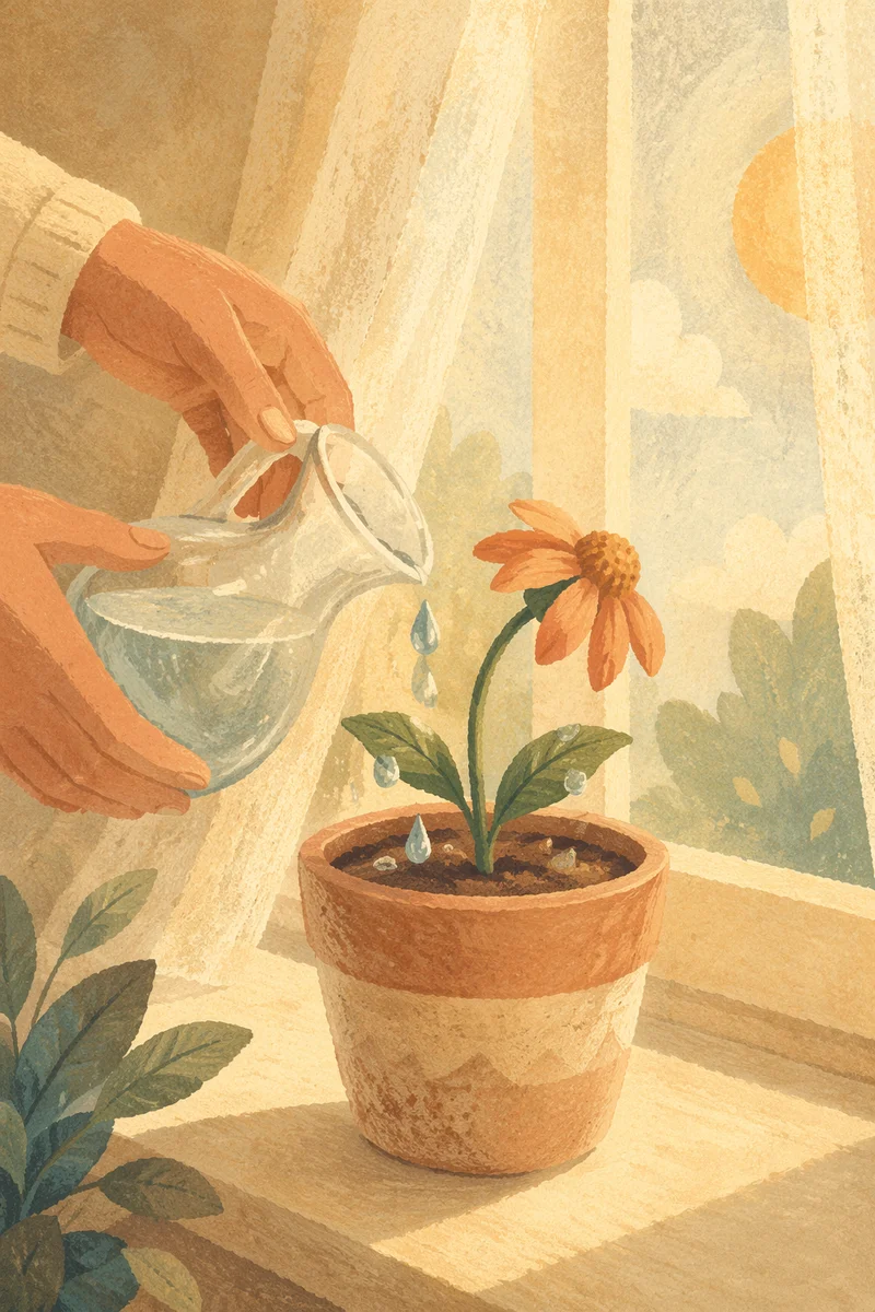 Wilted Flower Reviving on Sunlit Windowsill
