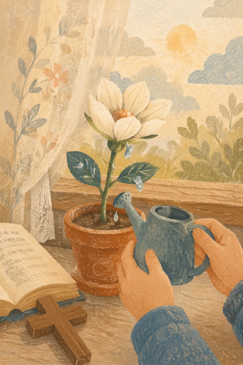 Reviving White Flower on Morning Windowsill