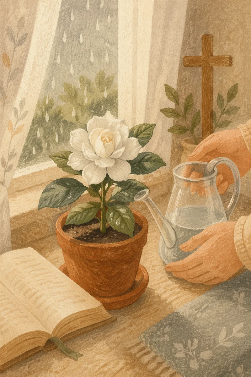 Reviving Gardenia on Rainy Morning Windowsill