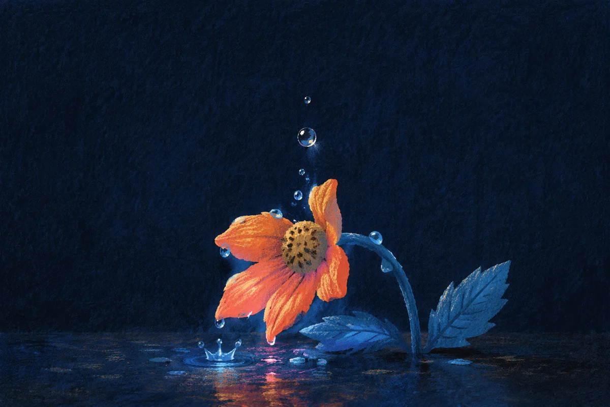 Wilted Flower Reviving With Water Droplets