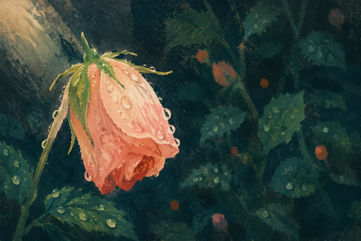 Wilted Rose Reviving in Morning Mist