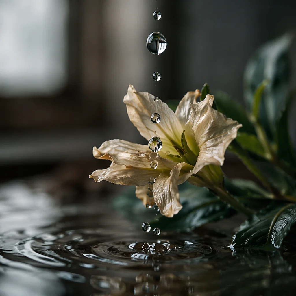 Wilted Flower Revived by Falling Water Drops