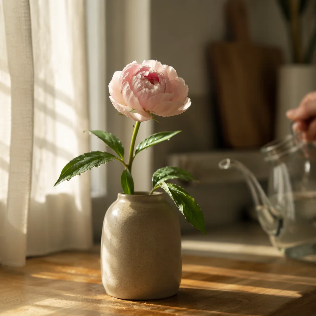 Reviving Pink Flower on Sunlit Windowsill