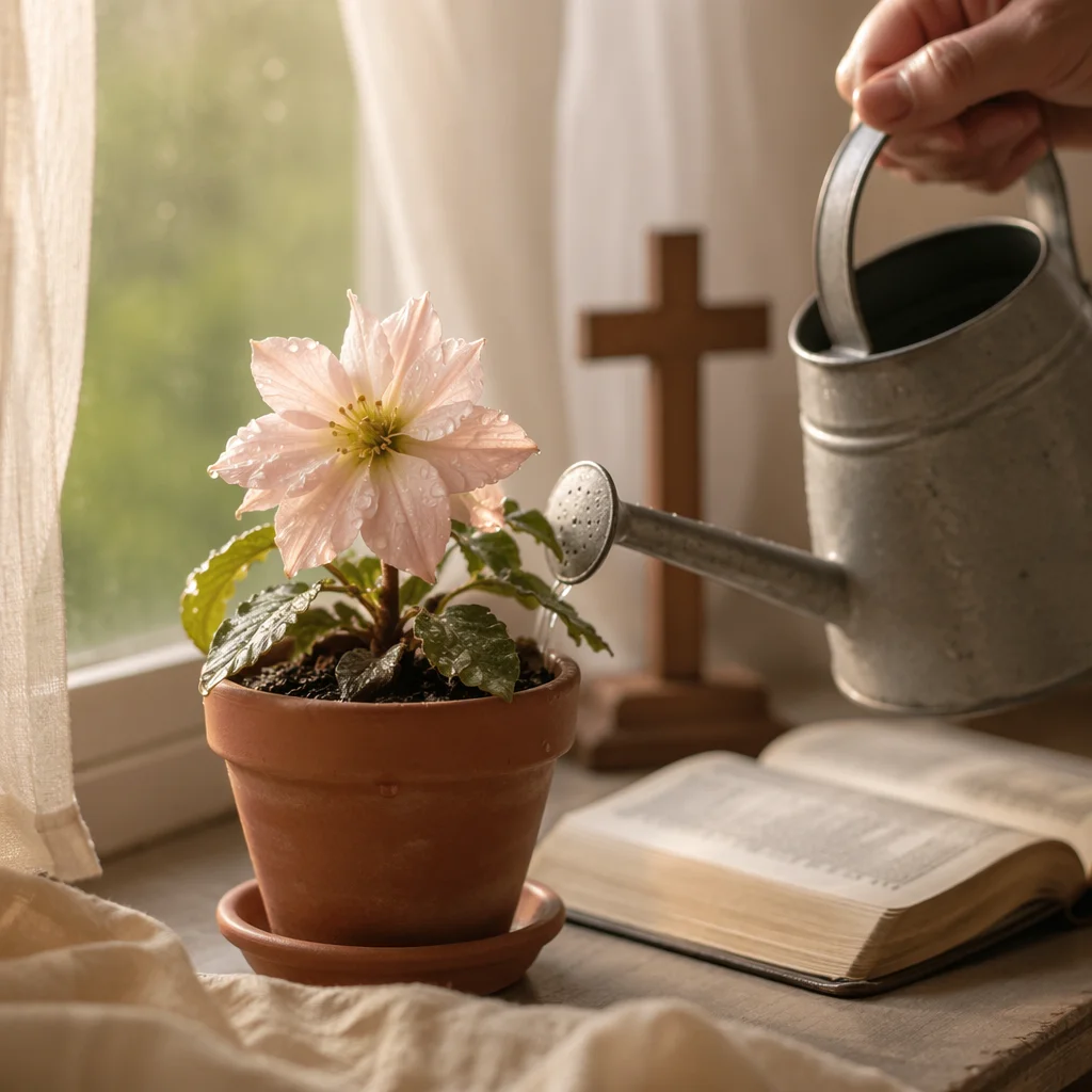 Reviving Pink Flower on Faithful Morning Windowsill