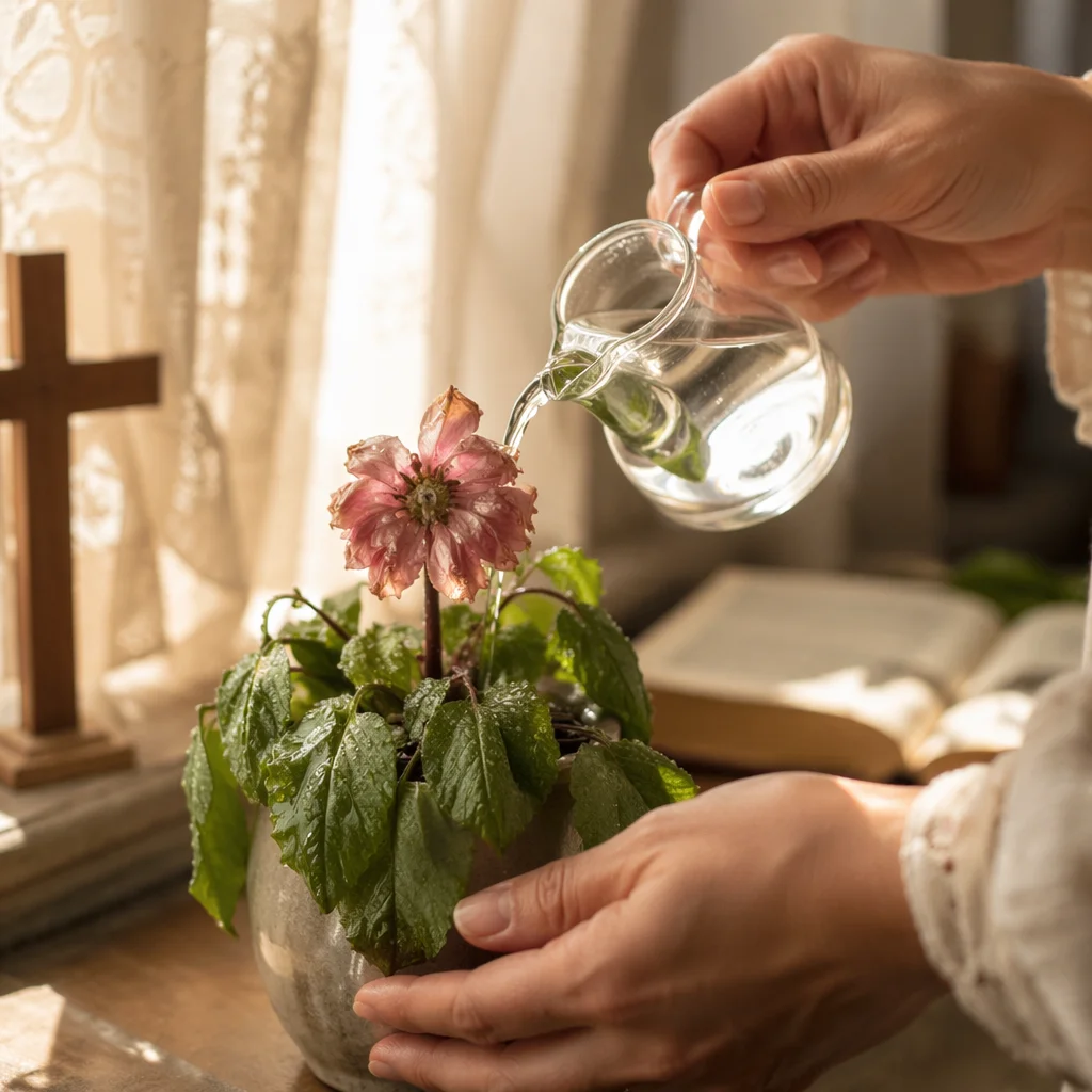 Wilted Flower Reviving in Morning Light