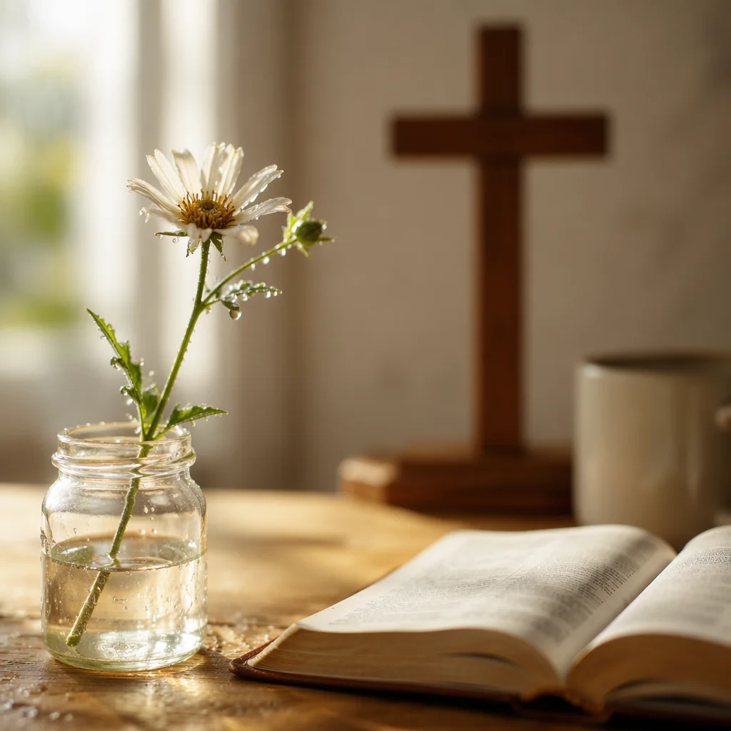 Reviving White Wildflower on Wooden Table