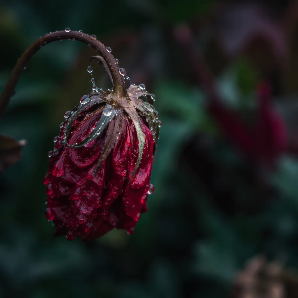 Wilted Red Flower Reviving After Rain