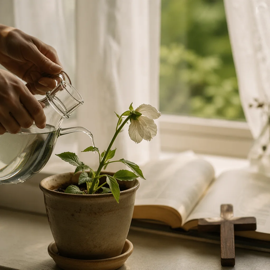 Wilted White Flower Reviving in Morning Light