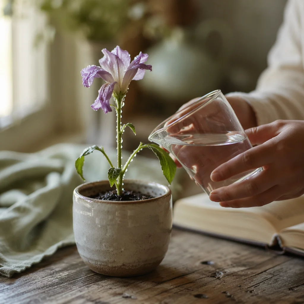 Wilted Lavender Flower Revived by Morning Water