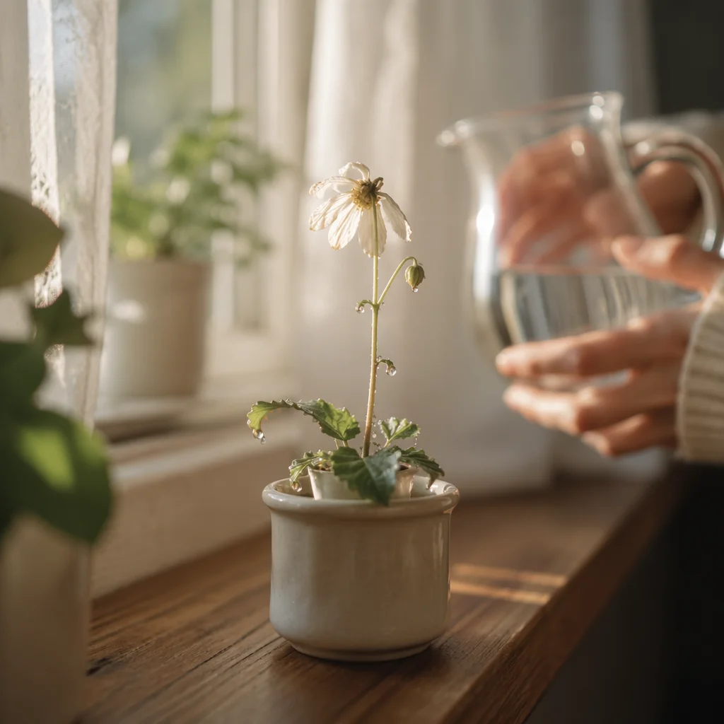 Wilted White Wildflower Renewed by Morning Water