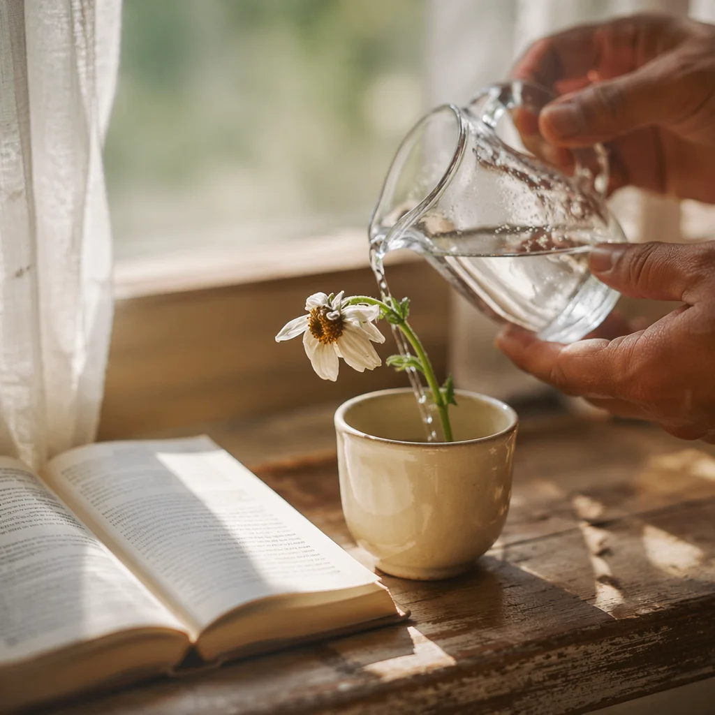 Wilted White Wildflower Revived by Morning Water
