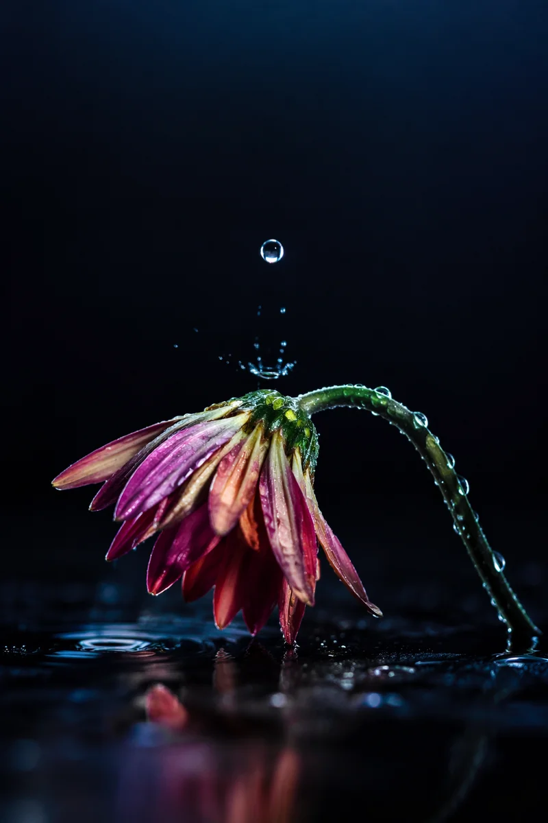 Wilted Flower Revived by Water Droplets