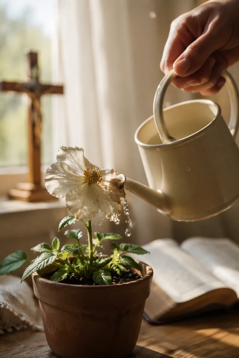 Wilted White Flower Revived by Morning Water