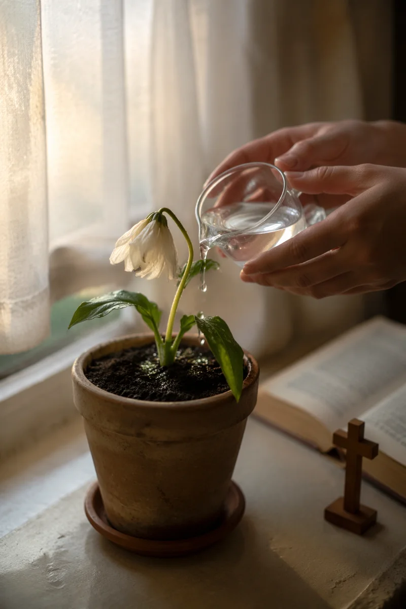 Wilted White Flower Revived by Morning Water