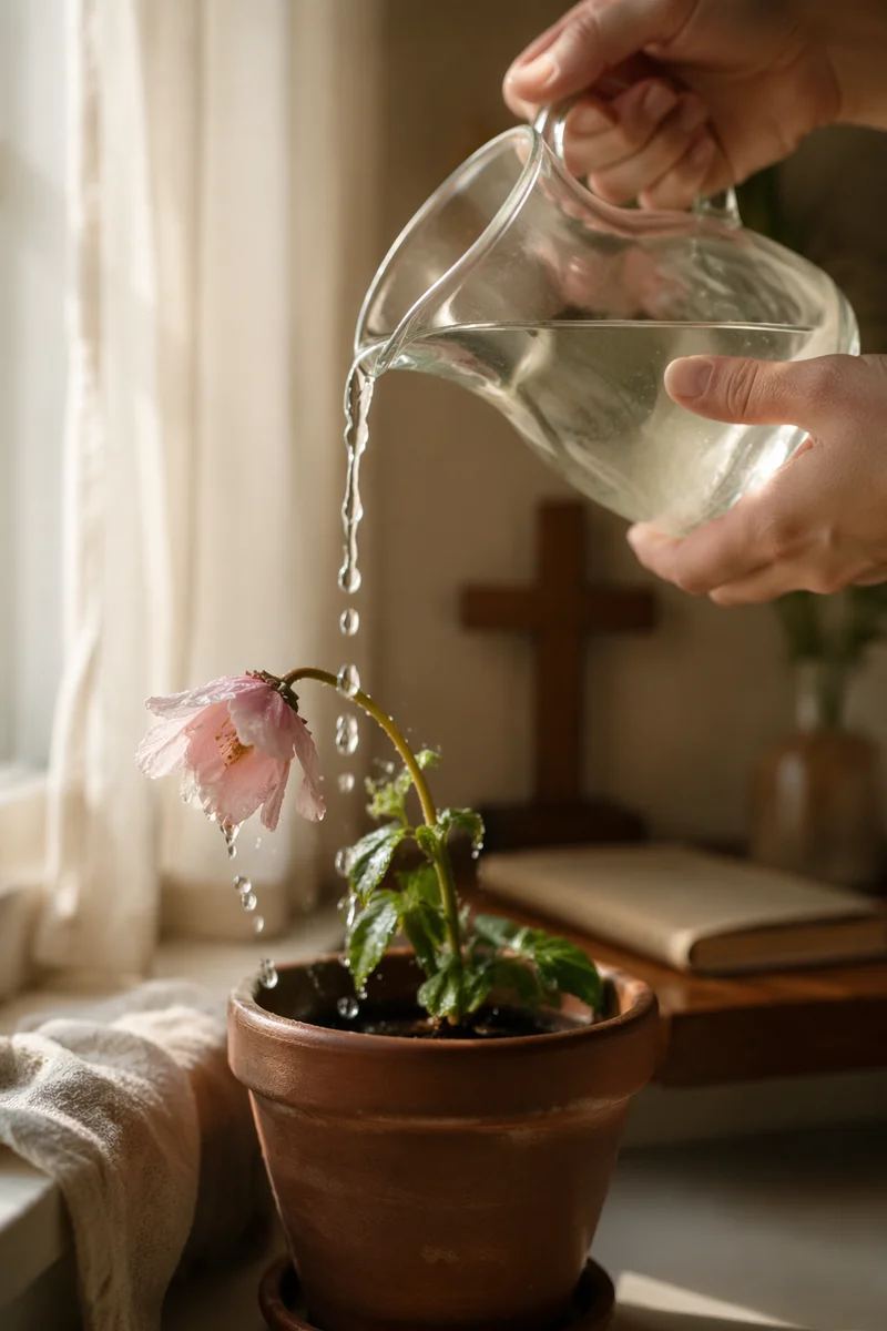 Wilted Pink Flower Revived by Morning Water