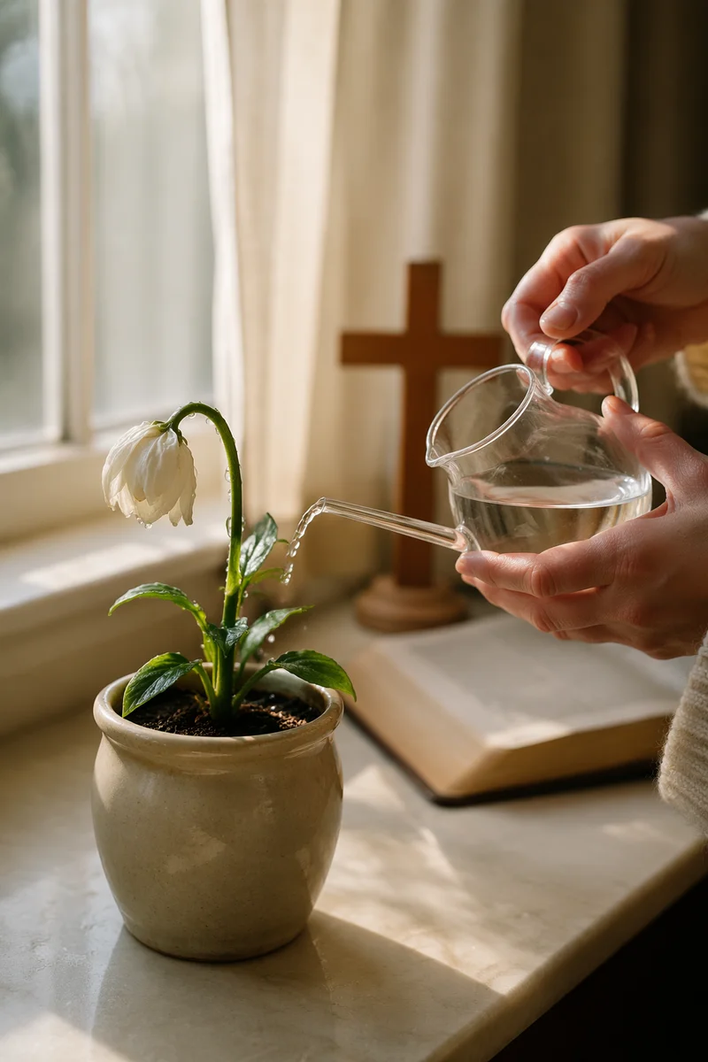 Wilted White Flower Revived by Morning Water