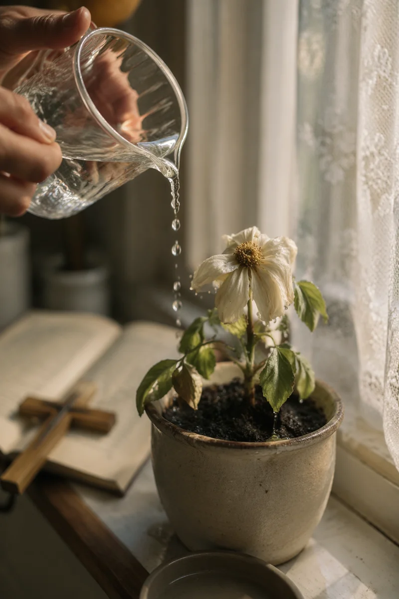 Wilted Flower Reviving in Morning Light