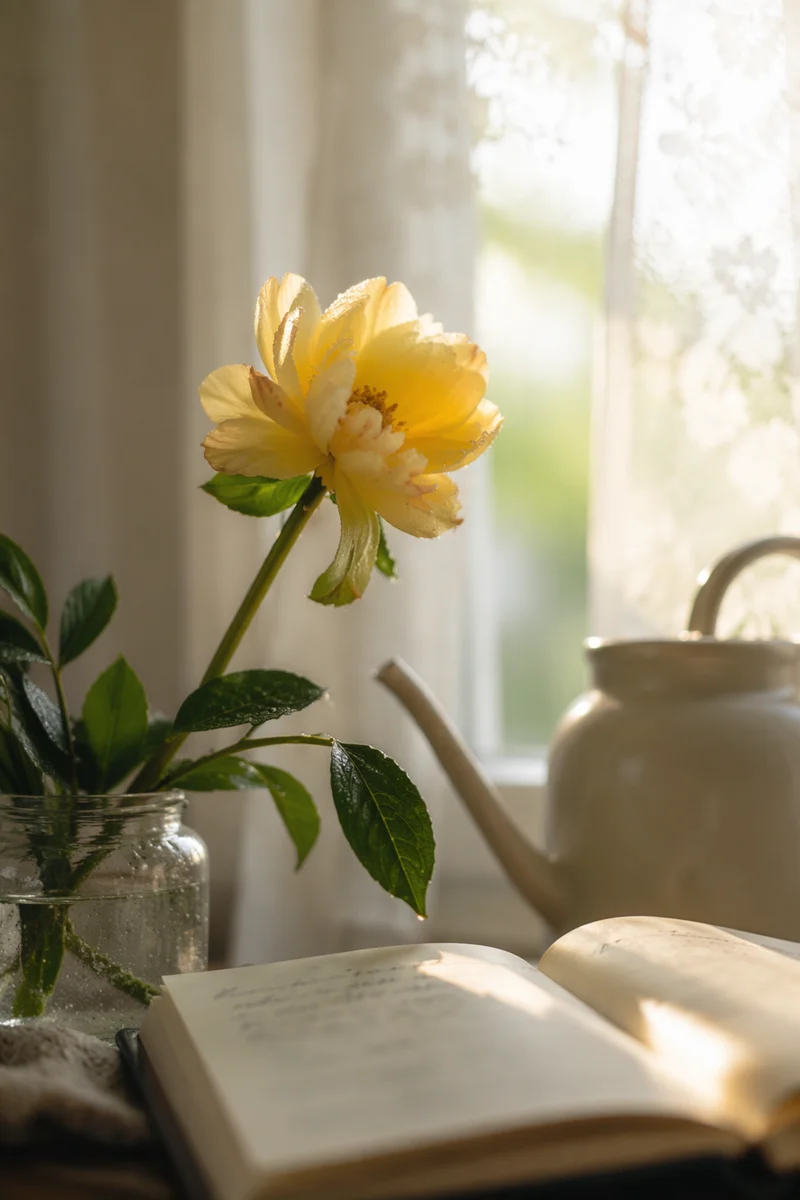 Wilted Yellow Flower Renewed by Morning Water