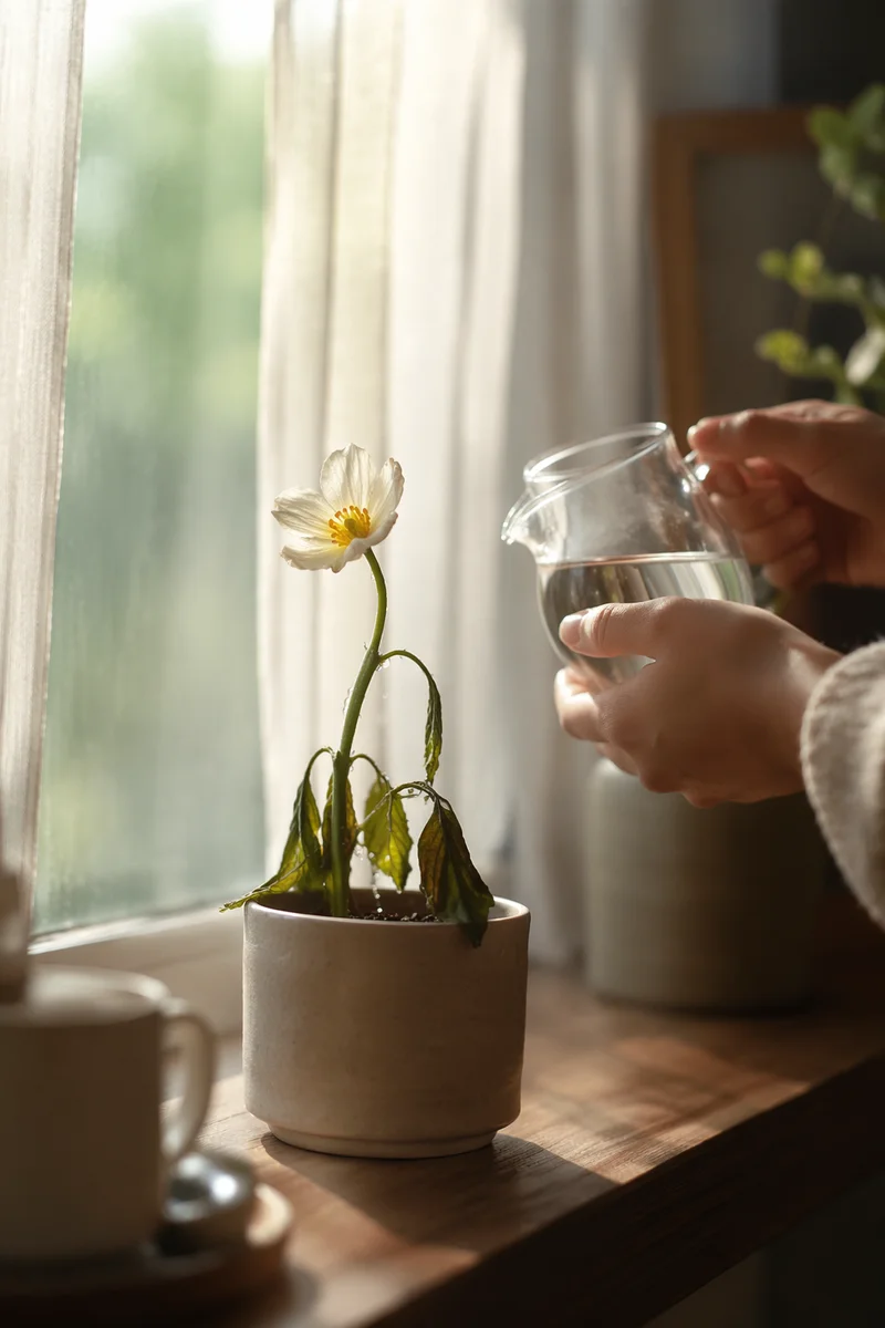 Wilted White Wildflower Revived by Morning Care